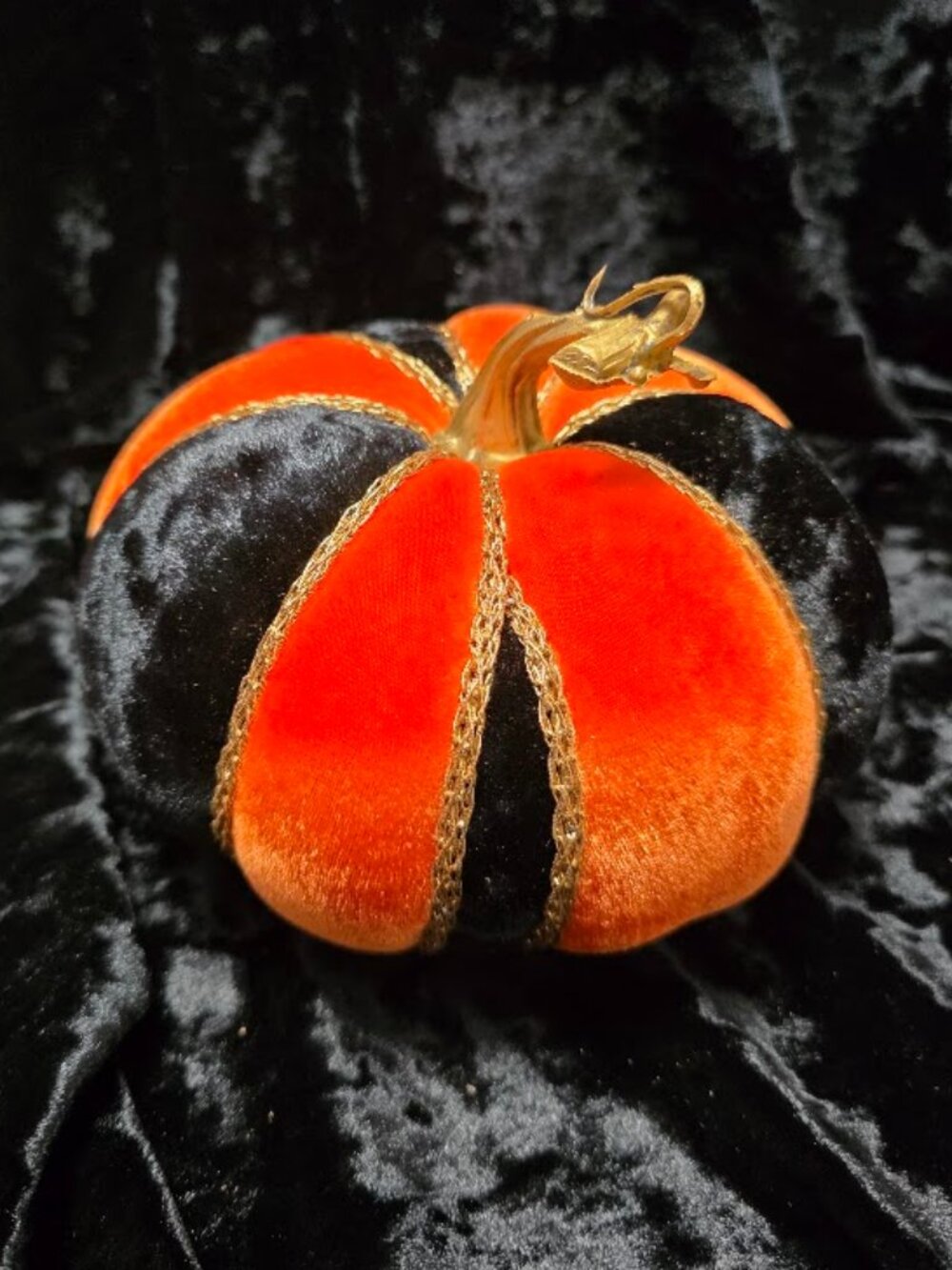 Orange and Black Velvet Pumpkin, Gold Cord Trim, Handcrafted